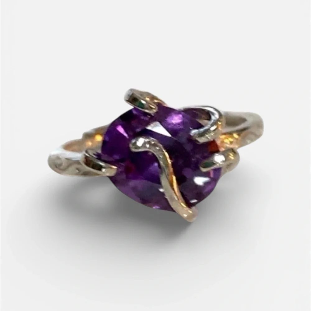 925 Sterling Silver Amethyst Cocktail Ring Serpent Prong Adjustable Ring 2 Ct